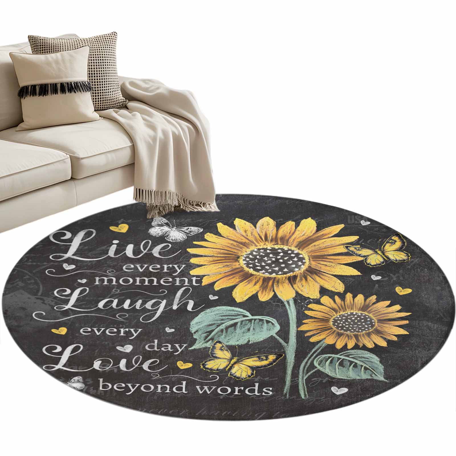 Round Area Rug-3ft Farm Sunflower Butterfly Love Heart Non Slip Washable Circle Carpet Soft Large Floor Rugs for Living Room Bedroom Nursery Office