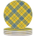 thumbnail image 2 of GZHJMY 2Pcs Round Tartan Plaid Blue Black Stripes on Yellow Ceramic Coasters with Cork-Backed for Coffee Drink, Cup Mat Absorbent Stone Coasters, 2 of 6