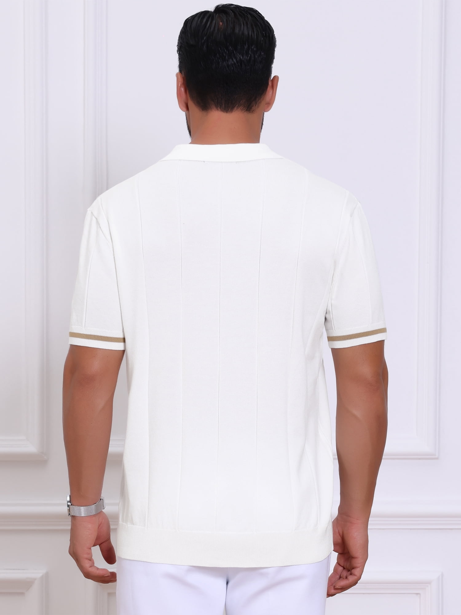 DARING DIVA Men's Textured Zip Up Ribbed Hem Short Sleeve Golf Polo Shirts S White