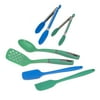 Tasty Kitchen Gadgets Set, Slotted Turner, Solid Spoon, 2 Silicone Spatulas, and 2 Tongs , Green and Royal Blue