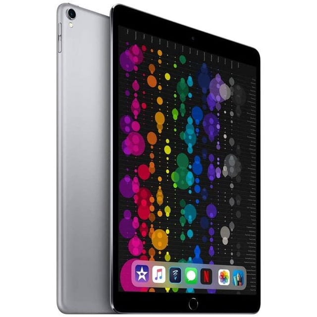 Apple iPad Pro 10.5-inch 64GB Space Gray - WiFi Only (Scratch and Dent) with a vibrant Retina display showcasing colorful graphics. The tablet features a sleek space gray finish, Touch ID fingerprint sensor, rear camera, and advanced A10X Fusion chip for powerful performance. Ideal for modern computing and multitasking with iOS compatibility.
