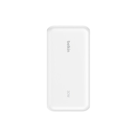 Belkin BoostCharge - Power bank - with integrated cable - 20000 mAh - 30 Watt - Fast Charge, PD - 3 output connectors (24 pin USB-C, USB Type A) - white