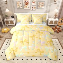Homewish Kawaii Bowknot Twin Bedding Sets 7-Piece for Kids Girls, Gradient Bow Ribbon Bedding Comforter Set, Cute Stars Sheet Sets, Microfiber Bedroom Decor