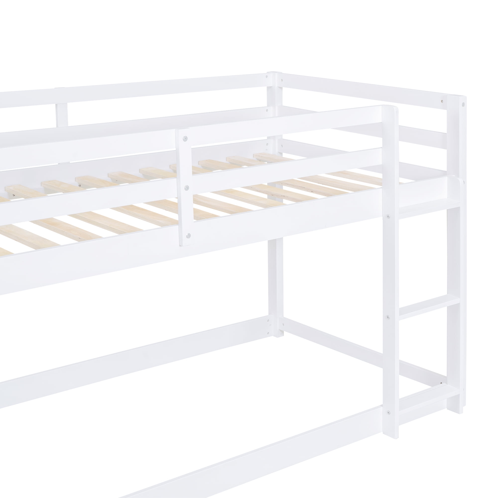 Euroco Twin over Twin Floor Bunk Beds with Ladder and Guardrail for Kids Teens, White