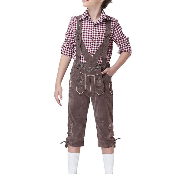 Trikvn Boys Bavarian Traditional Costume Plaid Long Sleeve Shirt and Suspender Shorts Set with Embroidery Details Classic Lederhosen Outfit for Halloween Party