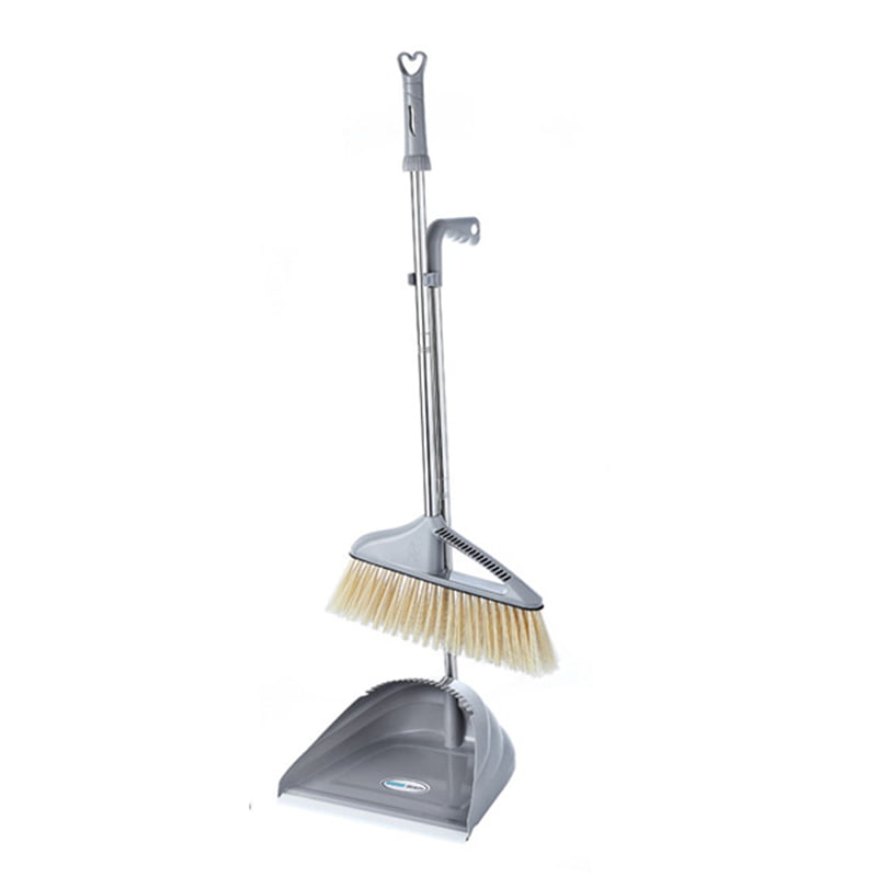 Gray HUQUAN Broom and Dustpan Set Standing Upright Dust Pan Long Handle Lobby Broom 