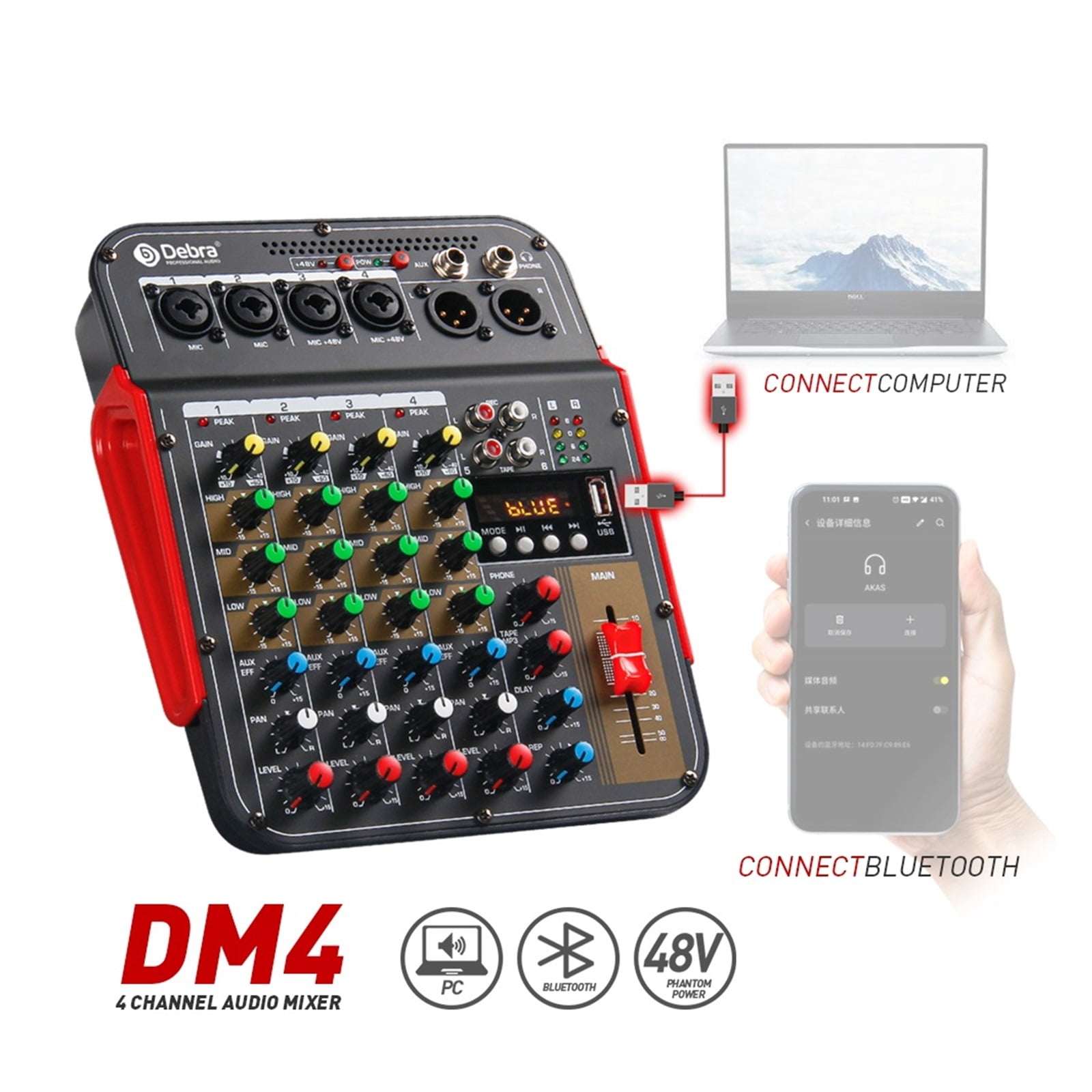 Mixer DJ Consoler 6 Channel DM4 With 48V Phantom, Bluetooth , USB To Recording , Sound Mixing Console ,Easy to Operate