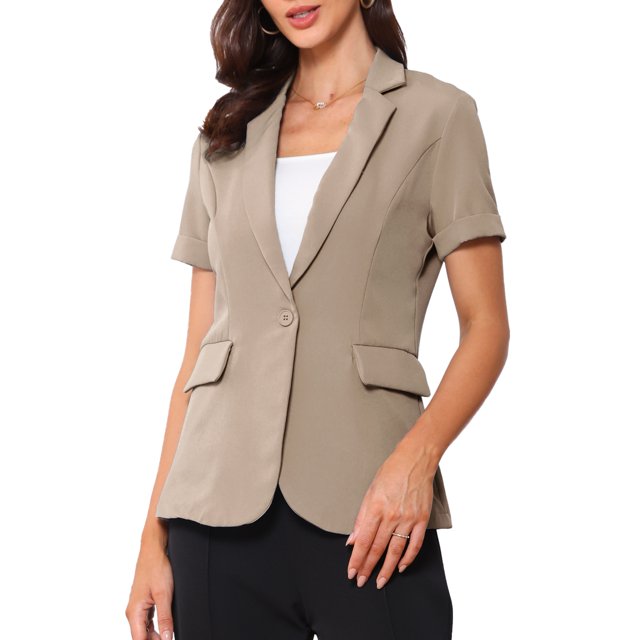 Blazer de mujer Inspire Chic con solapa de muesca, un botón, manga corta, chaqueta de traje, caqui oscuro, talla S