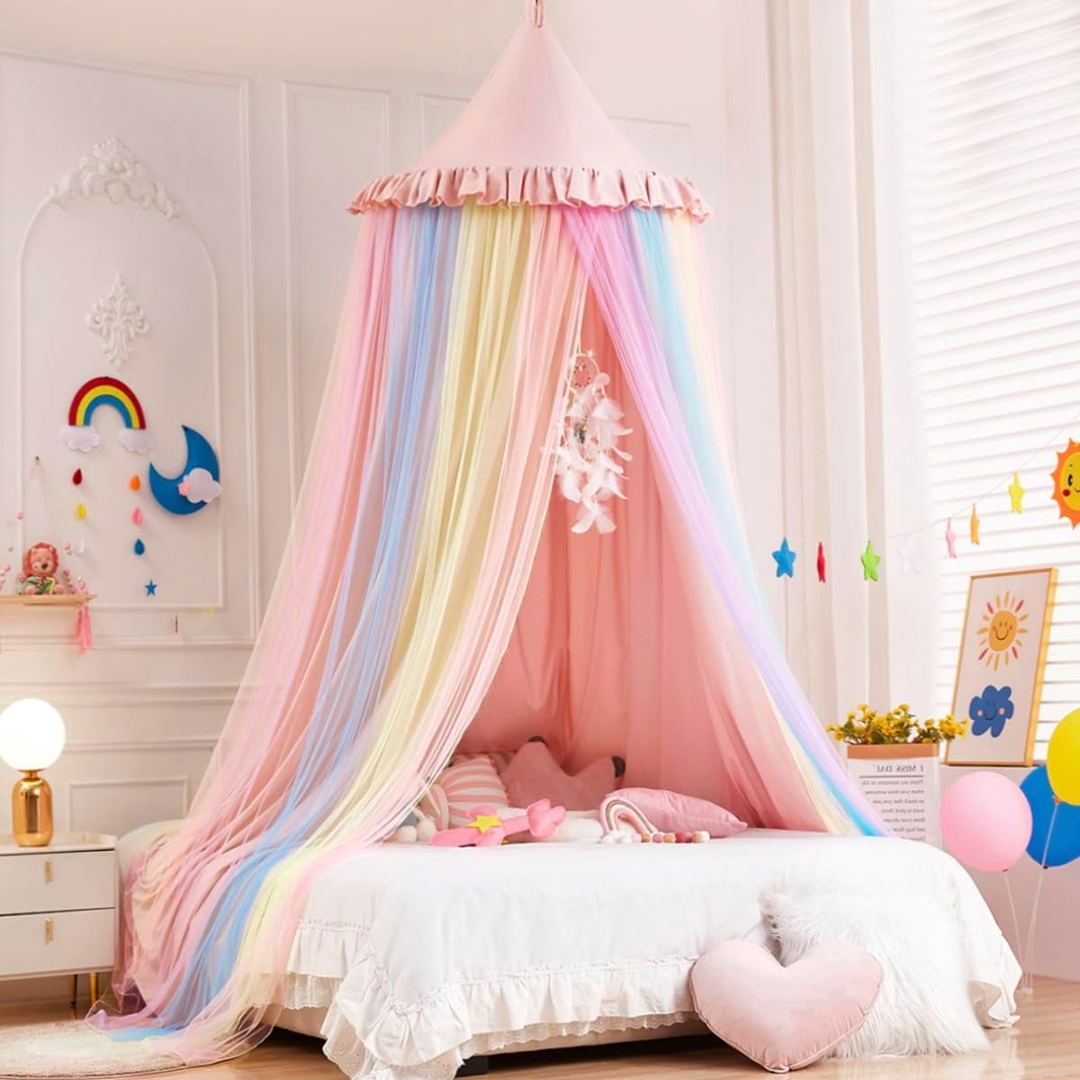 Rainbow Bed Canopy Dreamy Mosquito Net for Bed Round Dome Princess Bed Canopy Room Play Tent Canopy Bed Netting Curtains (Beige Pink Rainbow)