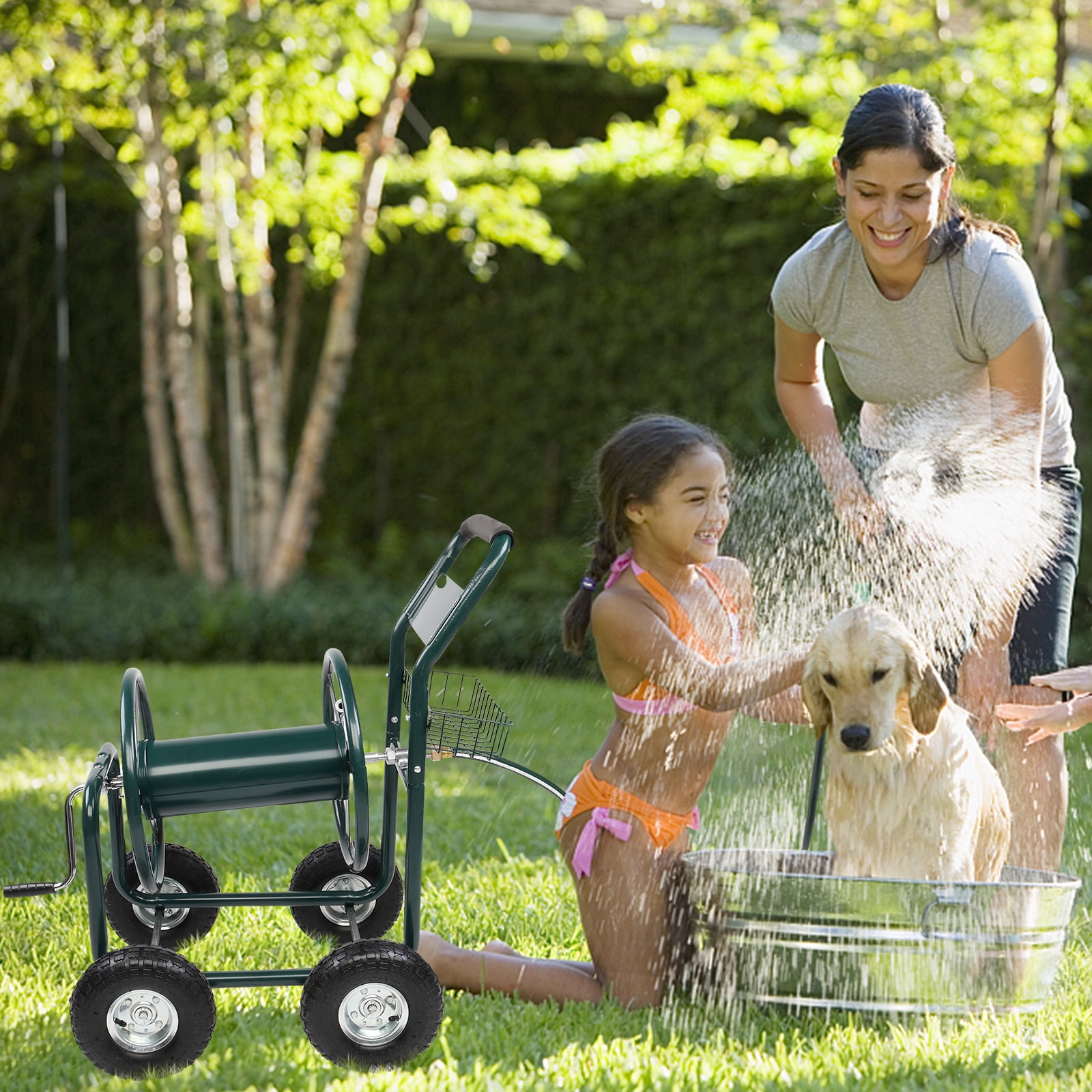 Dark Green Iron Four-Wheel Pipe Truck - Heavy Duty Hose Reel for Professional and Home Use