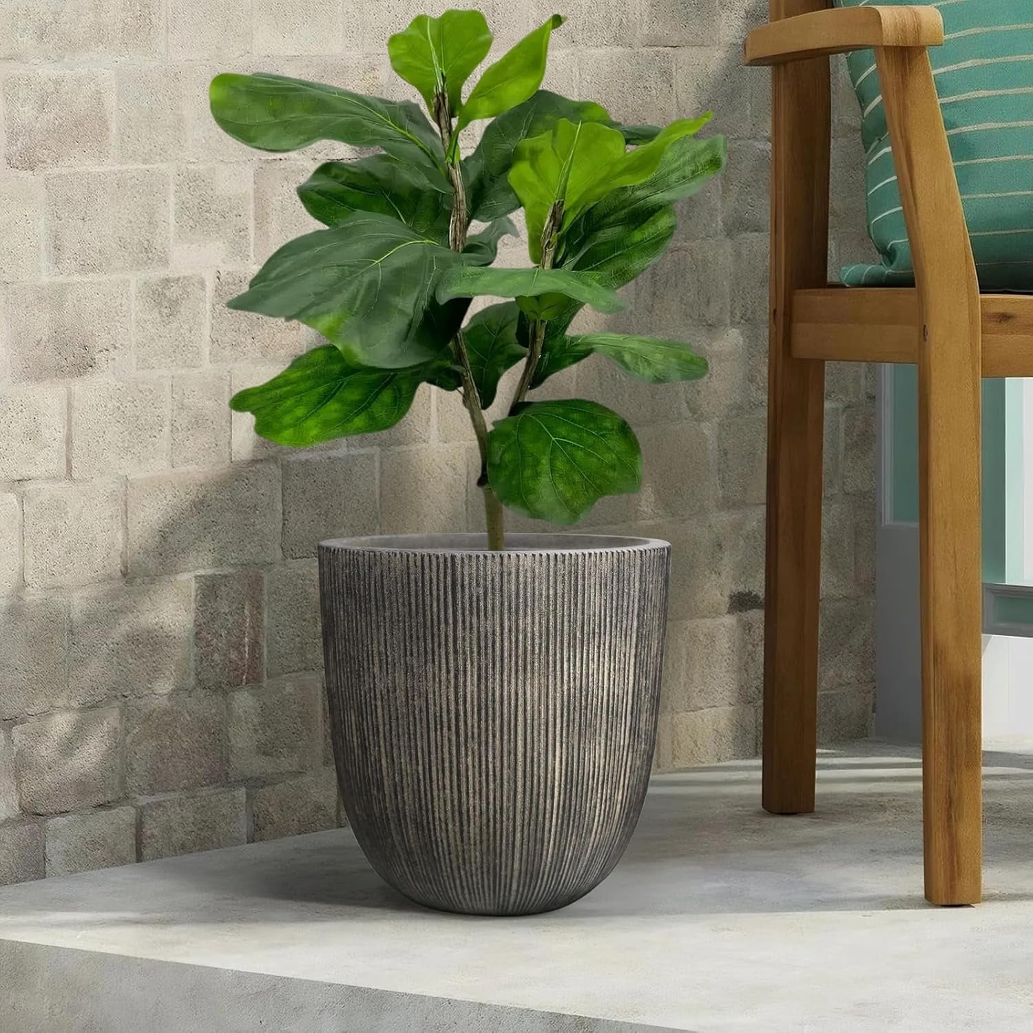 Vintage Black Faux Cement Ribbed Planter, 12.4"H Tall Tapered Egg-Shaped Plastic Plant Pot with Drainage Hole & Plug, Large Modern Indoor Outdoor Flower Pot for Home, Garden, Patio and Houseplants