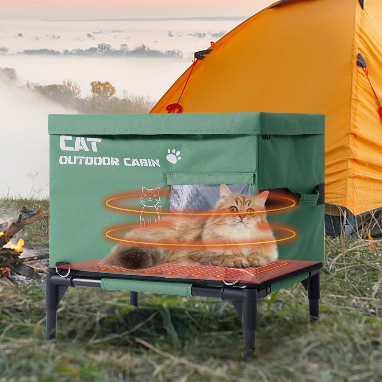 Warm Heated Cat House for Outside Feral Barn Cats in Winter, Outdoor Cat House Weatherproof with Heating Pad, Insulated Shelter for Outside Stray Barn Cat Kitty w/ 2 Safe Escape Doors, 21"Lx16"Wx19"H