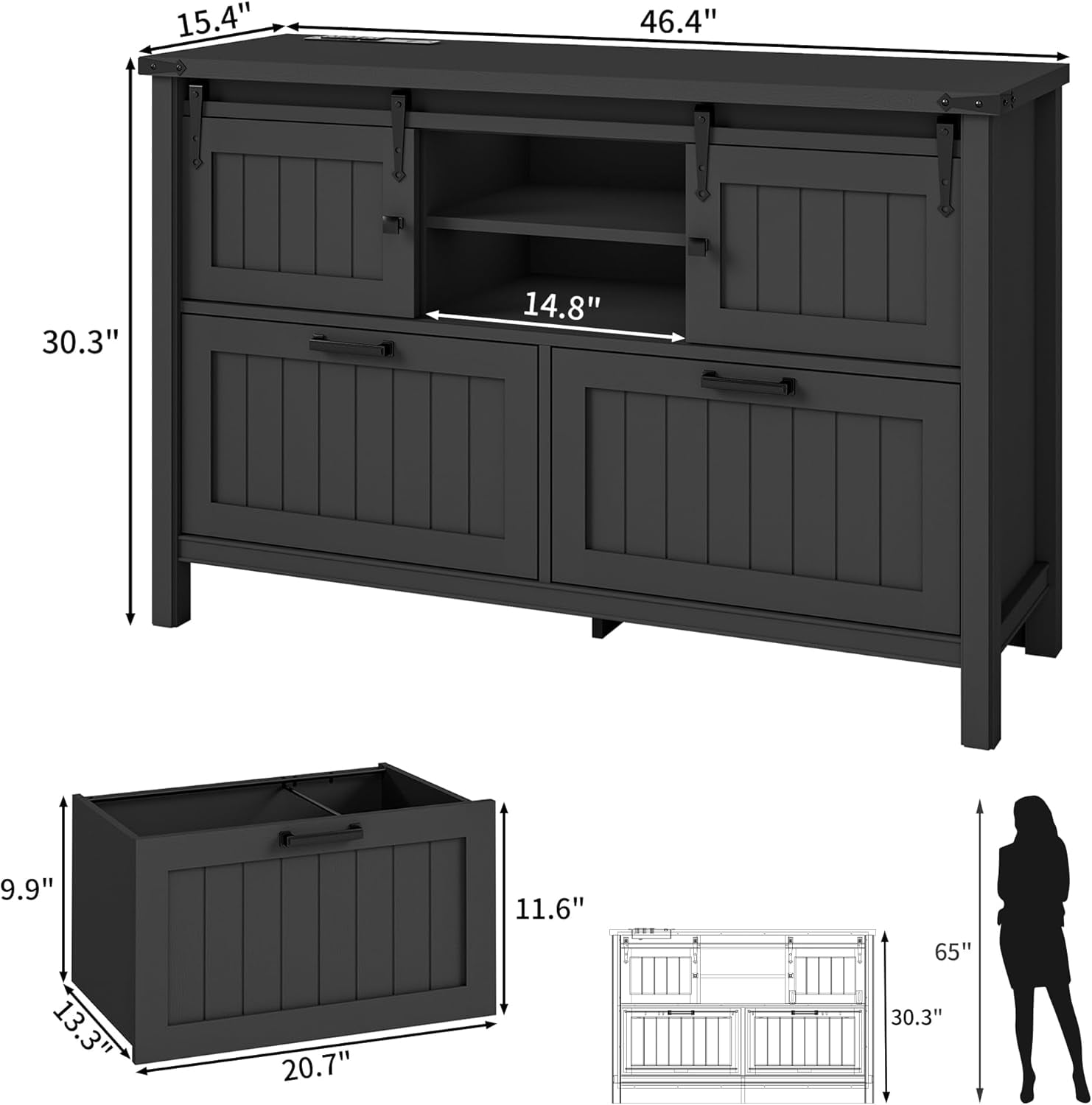 FIAKOA Farmhouse 2-Drawer Lateral File Cabinet, Filing Cabinet with Sliding Doors & Charge Station, Printer Stand Cabinets for Home Office, Black