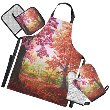 Ryvnso Autumn Forest Kitchen Apron Oven Mitts Set Pot Holders