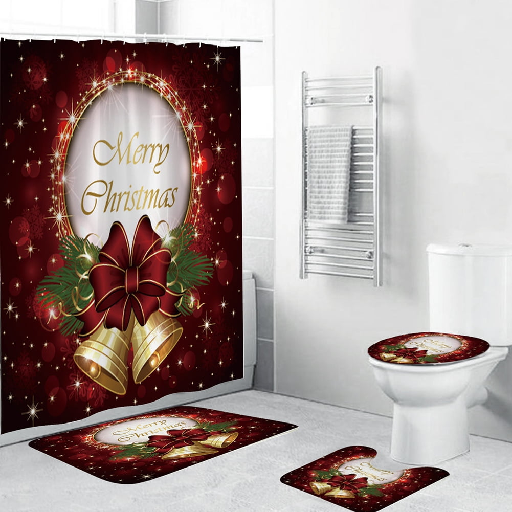4Pcs Christmas Red bell Shower Curtain Bathroom Non-slip Carpet Rug Toilet Cover 