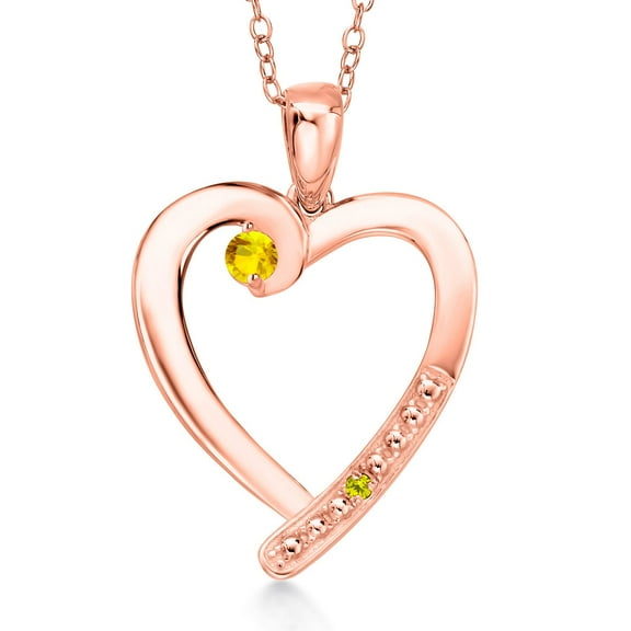 Gem Stone King 18K Rose Gold Plated Silver Yellow Sapphire and Canary Diamond Heart Pendant Necklace for Women | 0.18 Cttw | Gemstone September Birthstone | Round 3.5MM | With 18 inch Chain