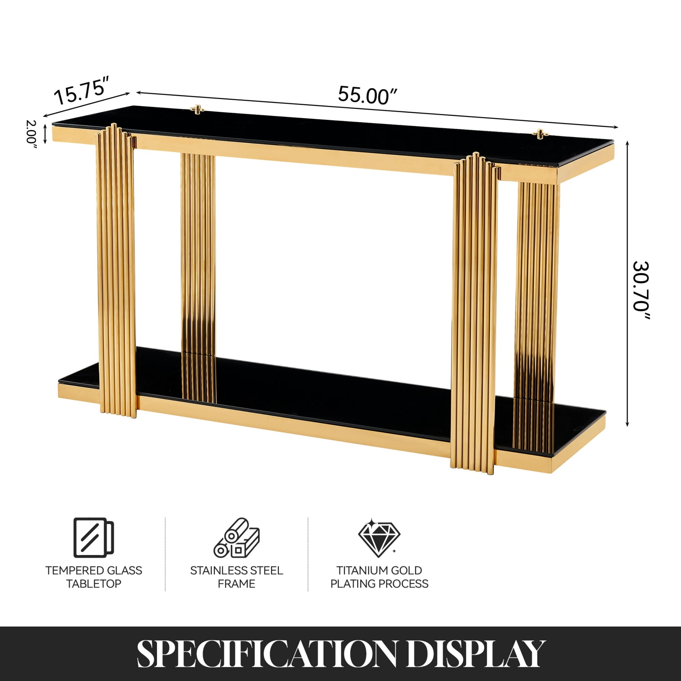 2-Tier Storage Tempered Glass Shelf Console Table, Two-Tone Entryway Display Table, Accent Mirrored Sofa Table for Living Room/Hotel