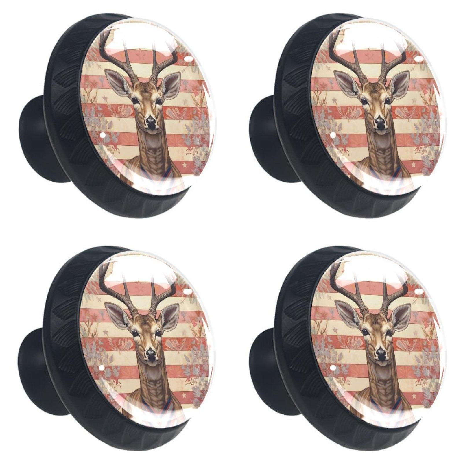 4 Pcs Deer and Flag Knobs for Kitchen Cabinet Cupboard Dresser Bookcase Drawer Pulls Handles Round Home Decor