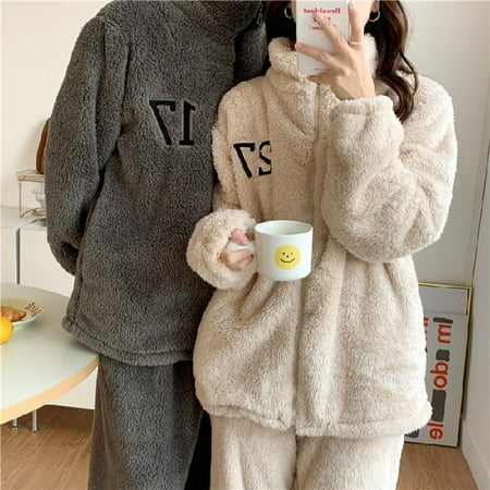 

PIKADINGNIS Autumn Winter Warm Flannel Zipper Couple Pajamas Set Women Sleepwear Family Pijama Male Home Clothes Women Casual Men Pyjamas