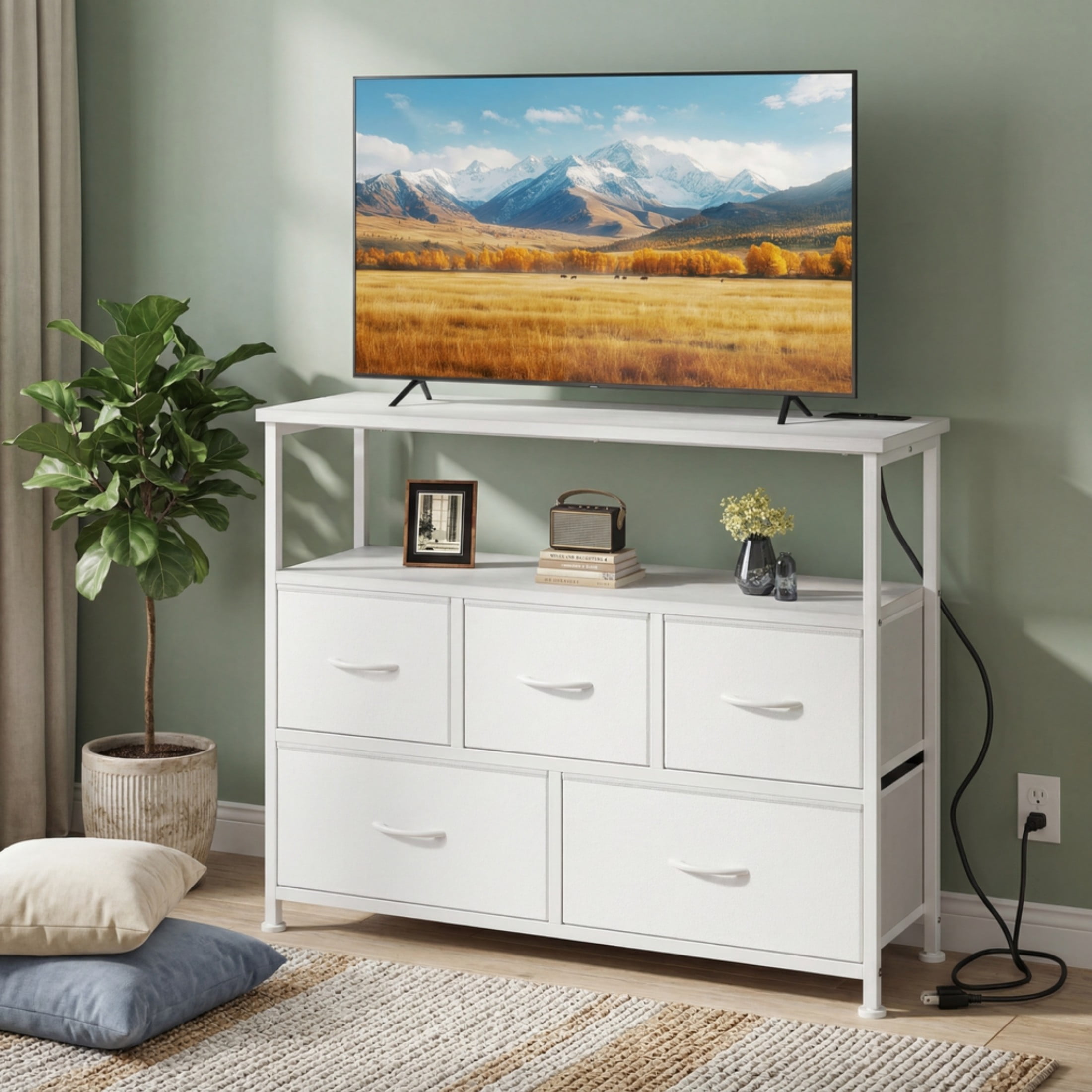 CONCETTA 39.3'' 5 Drawer Dresser with Charging Station, Fabric Storage Chest of Drawers for Bedroom, Living Room, Entryway, White