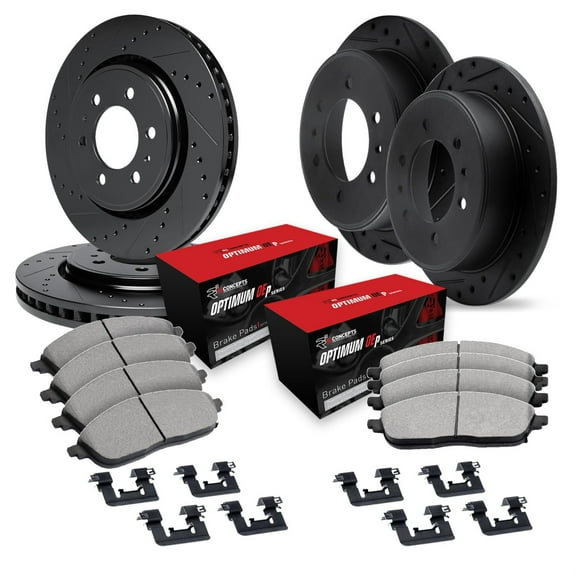 R1 Concepts Drilled and Slotted Black Disc Brake Rotor Set with Optimum Oe Pads and Hardware WHUH2-52005