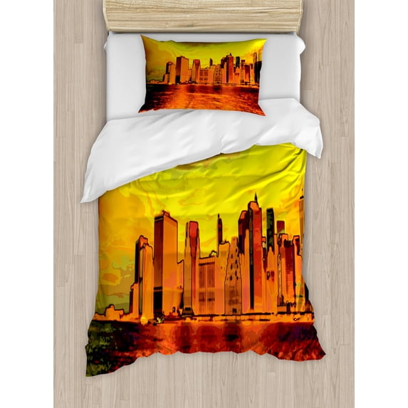 NYC Scene Duvet Cover Set Twin Size, Surreal Computer Graphics of the Skyline Structures and River in Tangerine Tones, Decorative 2 Piece Bedding Set with 1 Pillow Sham, Multicolor, by Ambesonne