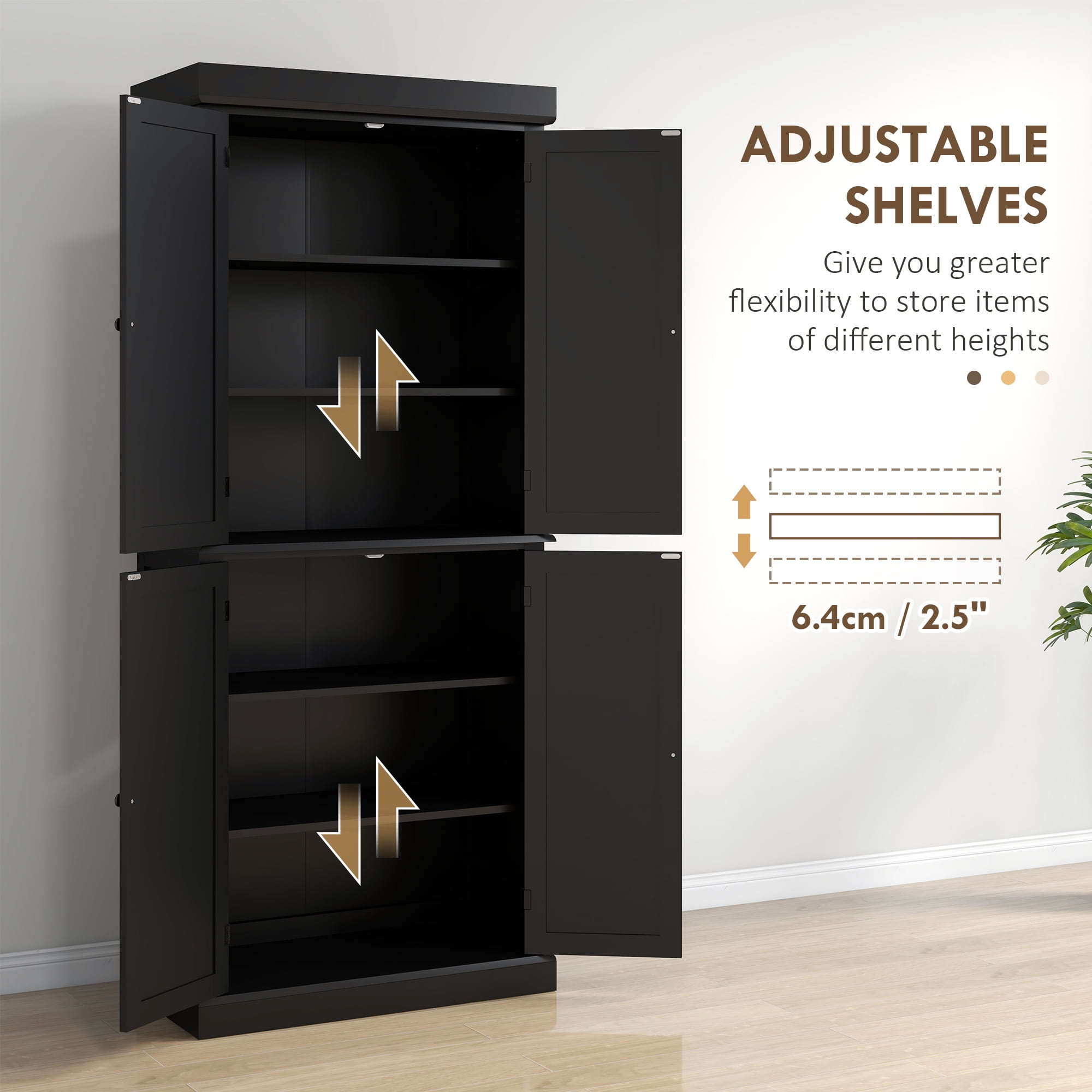 HOMCOM 72" Traditional Freestanding Kitchen Pantry Cupboard with 2 Cabinet, and Adjustable Shelves, Black