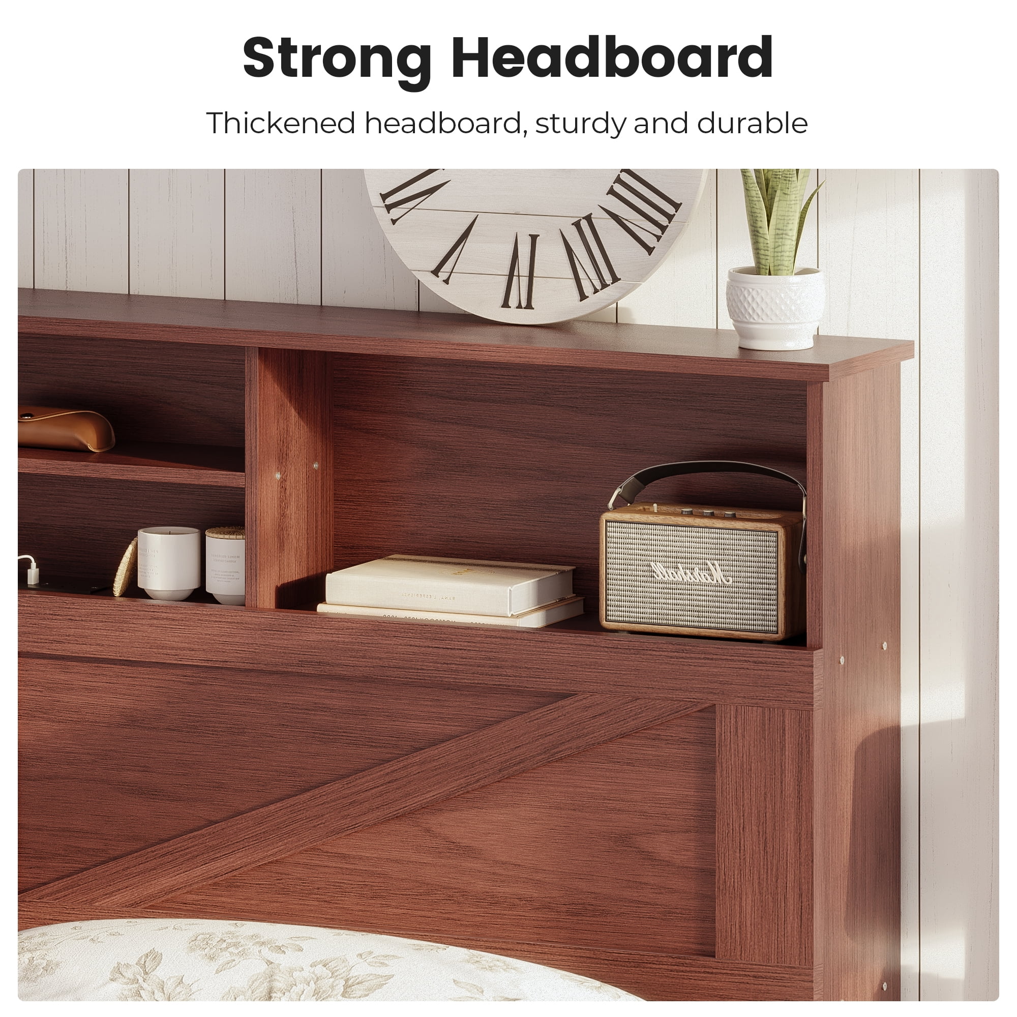 Full Farmhouse Bed Frames With Storage Headboard Bookcase, Wooden Platform Bed with 4 Drawers, No Boxing Need, Red Brown
