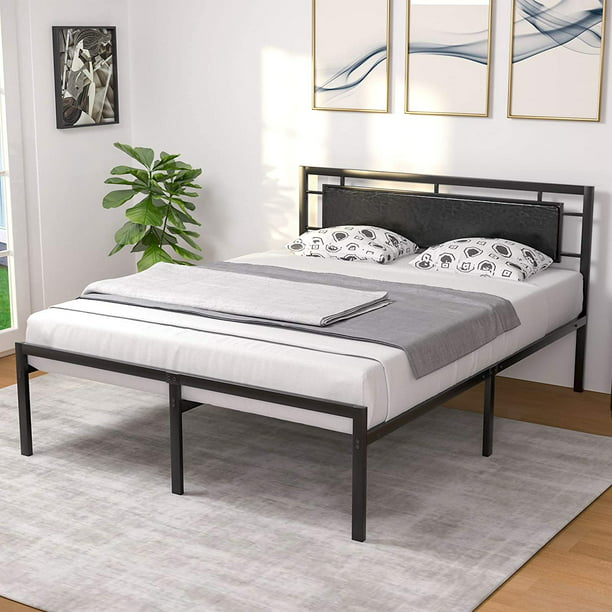Mecor Queen Bed Frame With Black Faux, Black Metal And Wood Queen Bed Frame