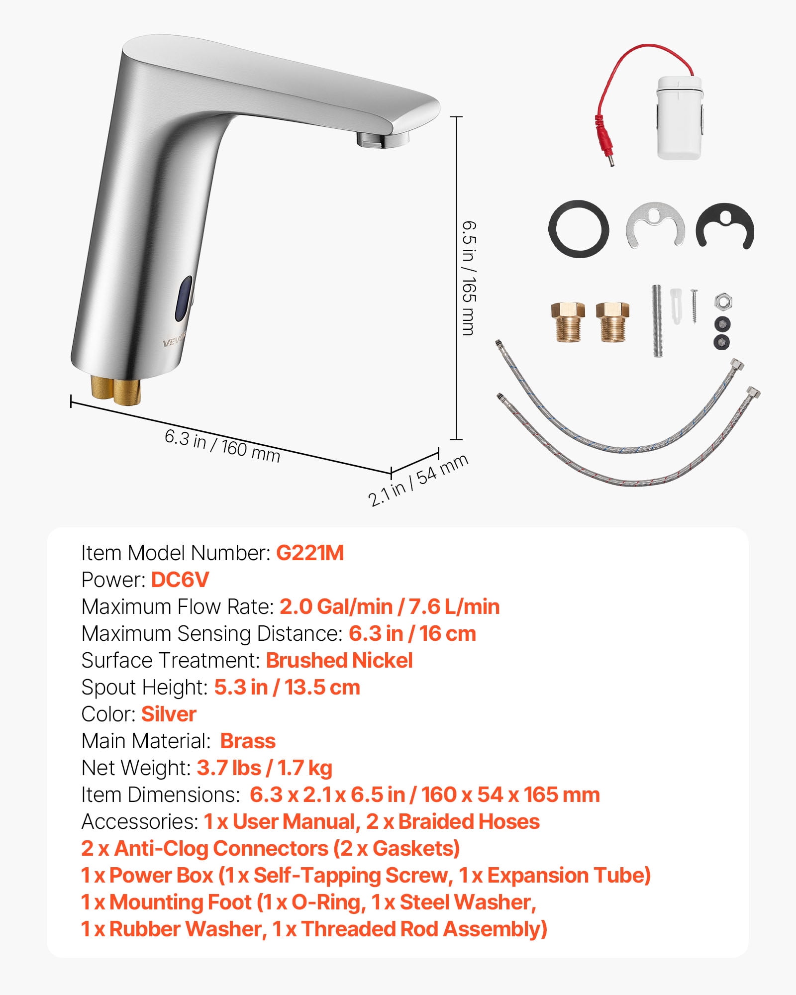 VEVOR Touchless Bathroom Sink Faucet, Automatic Motion Sensor Restroom Toilet Faucet, HandsFree Adjustable Cold Hot Single Handle Water Mixer Battery Operated for 9/16 in Pipe,Brushed Nickel Silver