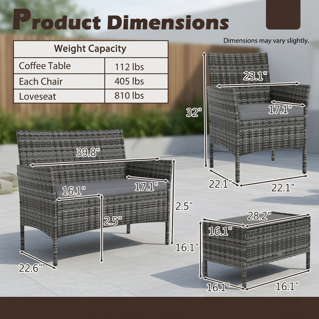 Hommoo 4-Piece Outdoor Rattan Conversation Set with Tempered Glass Coffee Table, PE Wicker, Gray