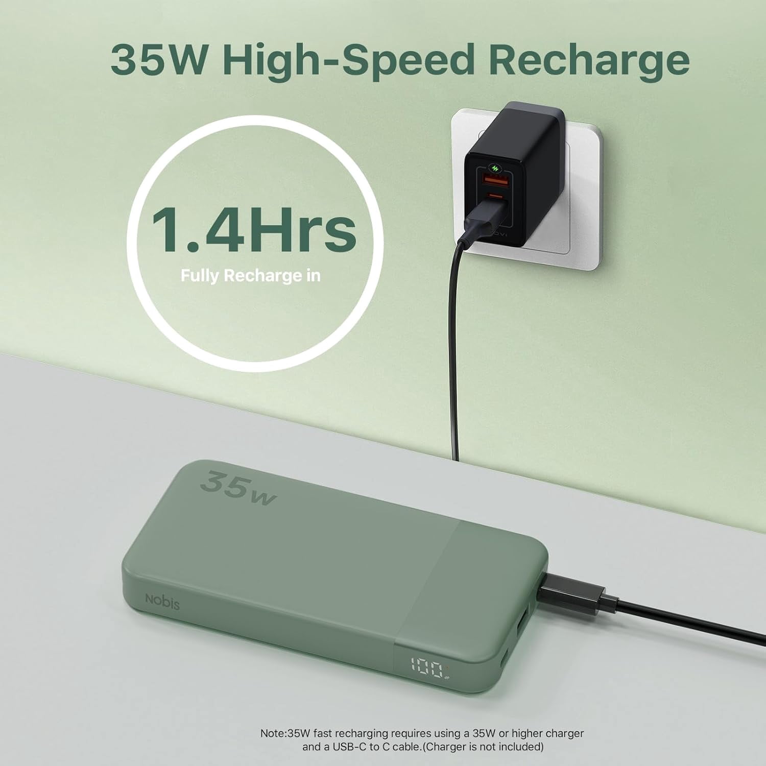 Portable Charger, 10000mAh Fast Charging, Battery Pack with C to C Cable, Battery Bank with Digital Display for iPhone iPad Android etc (Green, 35W)