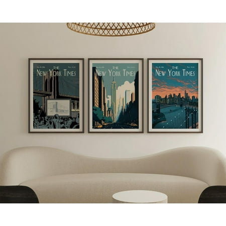 UNFFRAMED New York Times Wall Art Set Of 3, Vintage Magazine Cover Posters, Retro Empire State & Brooklyn Bridge Posters, Cityscape Magazine Covers Set 3 Prints 8x12