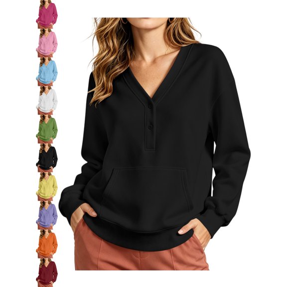 Women's Henley Sweatshirt Oversized Long Sleeve V-Neck Button Pullover Kangaroo Pocket Casual Relaxed Fit Top