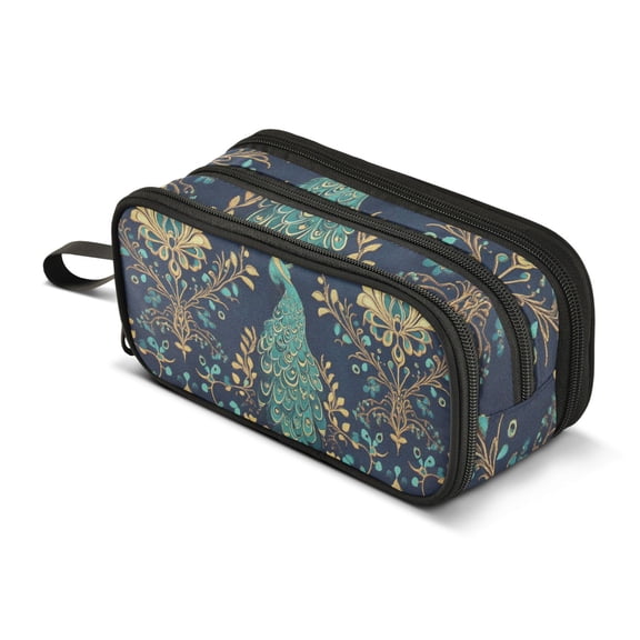 FORMRS Pencil Case with 3 Compartments Zipper Pouch, Elementary School Level and up, Navy Blue Peacock Pattern