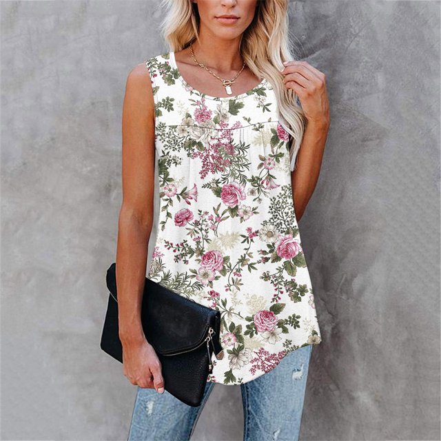 Camiseta con estampado Floral para mujer, Top Sexy sin mangas, holgado, informal, plisado, 2022