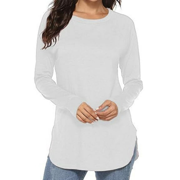 BLVB Women's Long-Sleeve Crewneck T-Shirt Classic Solid Color Shirt Soft Breathable Casual Tee Basic Tops with Side Slit