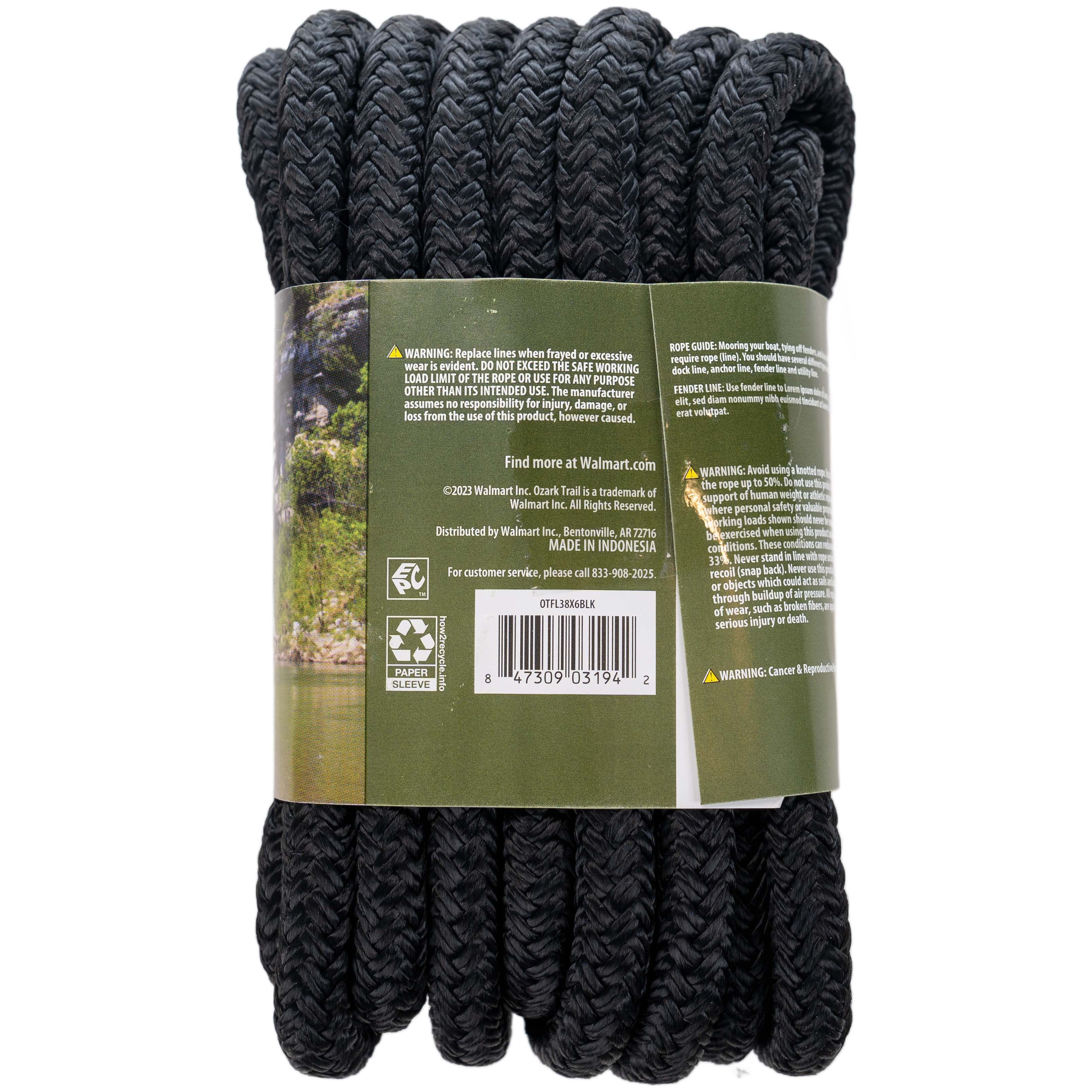 (2 pack) Ozark Trail 3/8-Inch x 6-Foot Nylon Boat Fender Line, Black