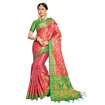 Sarees for Women Banarasi Patola Art Silk Woven Saree l Indian Ethnic Wedding Gift Sari with Unstitched Blouse Pink