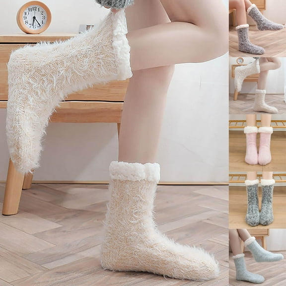 Nmnitkp Womens Warm Slipper Socks Winter Knit Fuzzy Cozy Thick Fleece Lined Socks with Grippers Thermal Home Socks Beige,Free Size