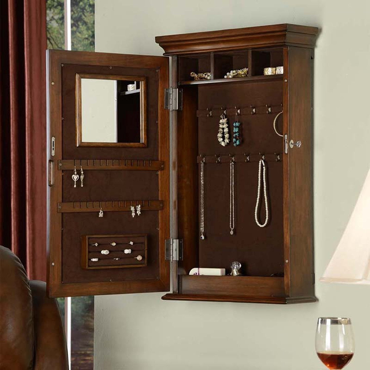 Necklace Hooks Black Nathan Direct Morris Lockable WallMount Jewelry Armoire with Ring Holders