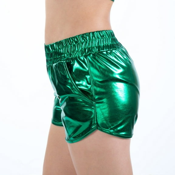 Mifelio Womens Shorts Fashion Women High Waist Yoga Sport Pants Shorts Shiny Metallic Pants Leggings Shorts for Women Green L