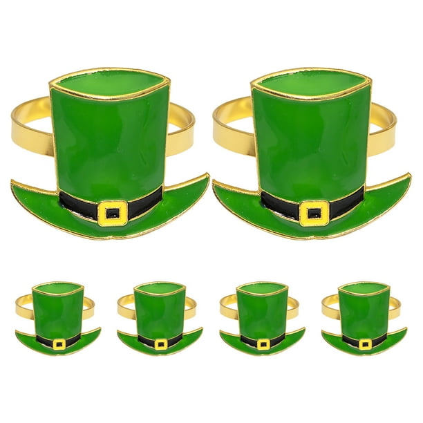 6 servilleteros irlandeses verdes con diseño de sombrero de San Patricio, con hebillas de metal para decoración de mesas, fiestas y restaurantes