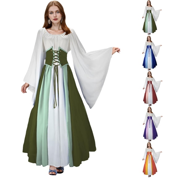 Renaissance Costume Women, Victorian Dress, Renaissance Dress Women, Womens Renaissance Costume, Women's Renaissance Medieval Costumes Dress Trumpet Sleeves Gothic Retro Gown, Army Green L