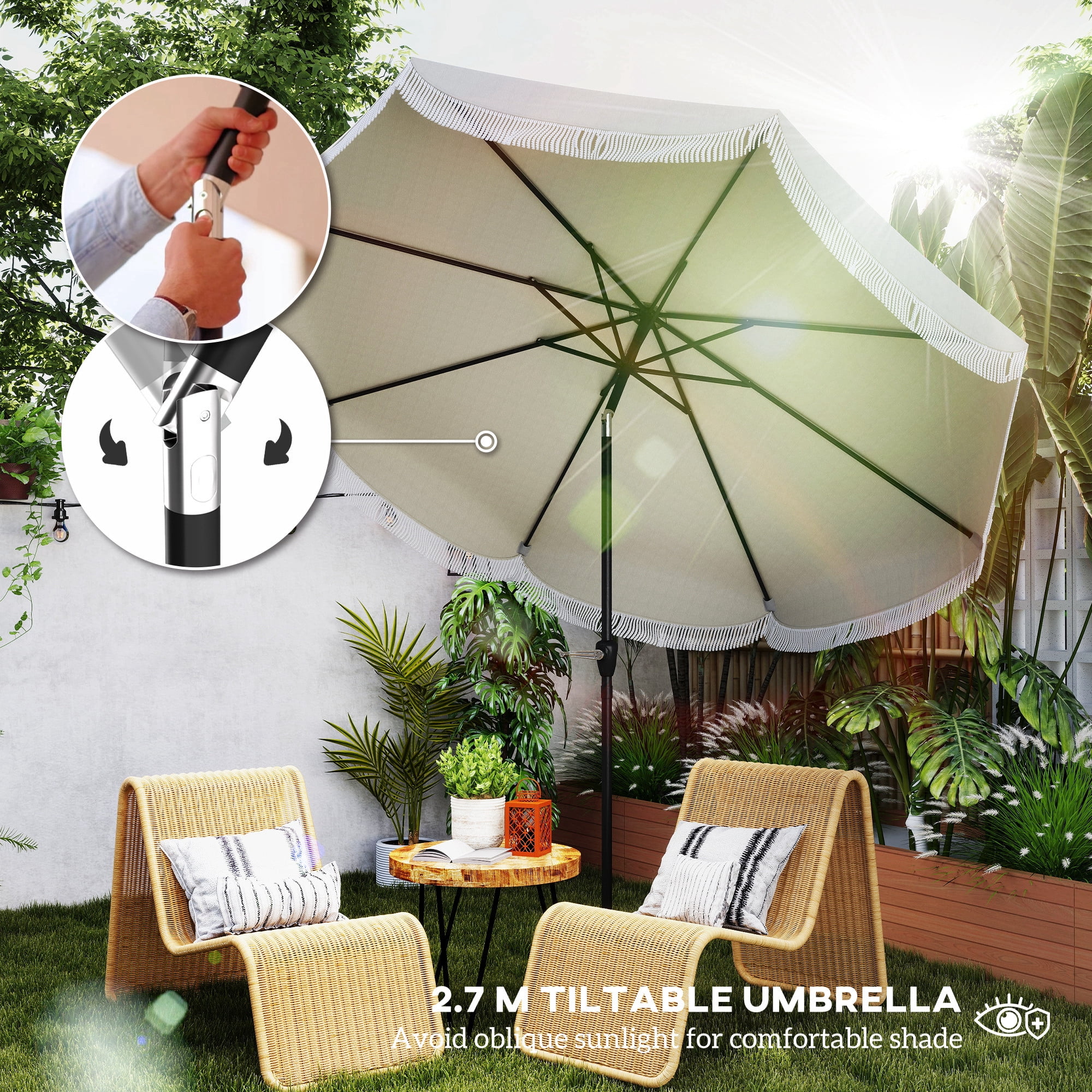 Outsunny 9FT Patio Umbrella, UPF 30+ Outdoor Market Umbrella, Vented Patio Table Umbrella with Crank, 8 Ribs, Push Button Tilt, Light Gray