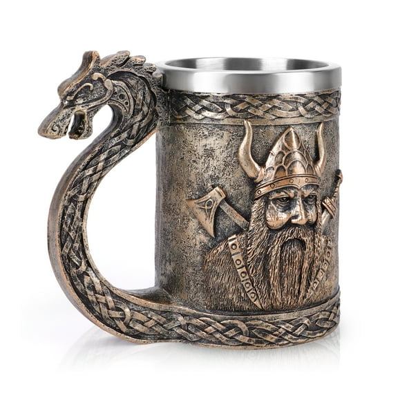 Nordic Viking Beer Mug, Dragonship Viking Warrior Coffee Cup Resin Hand Crafts with Stainless Steel Liner for Men Father’s Day Birthday Christmas Gift, 20oz