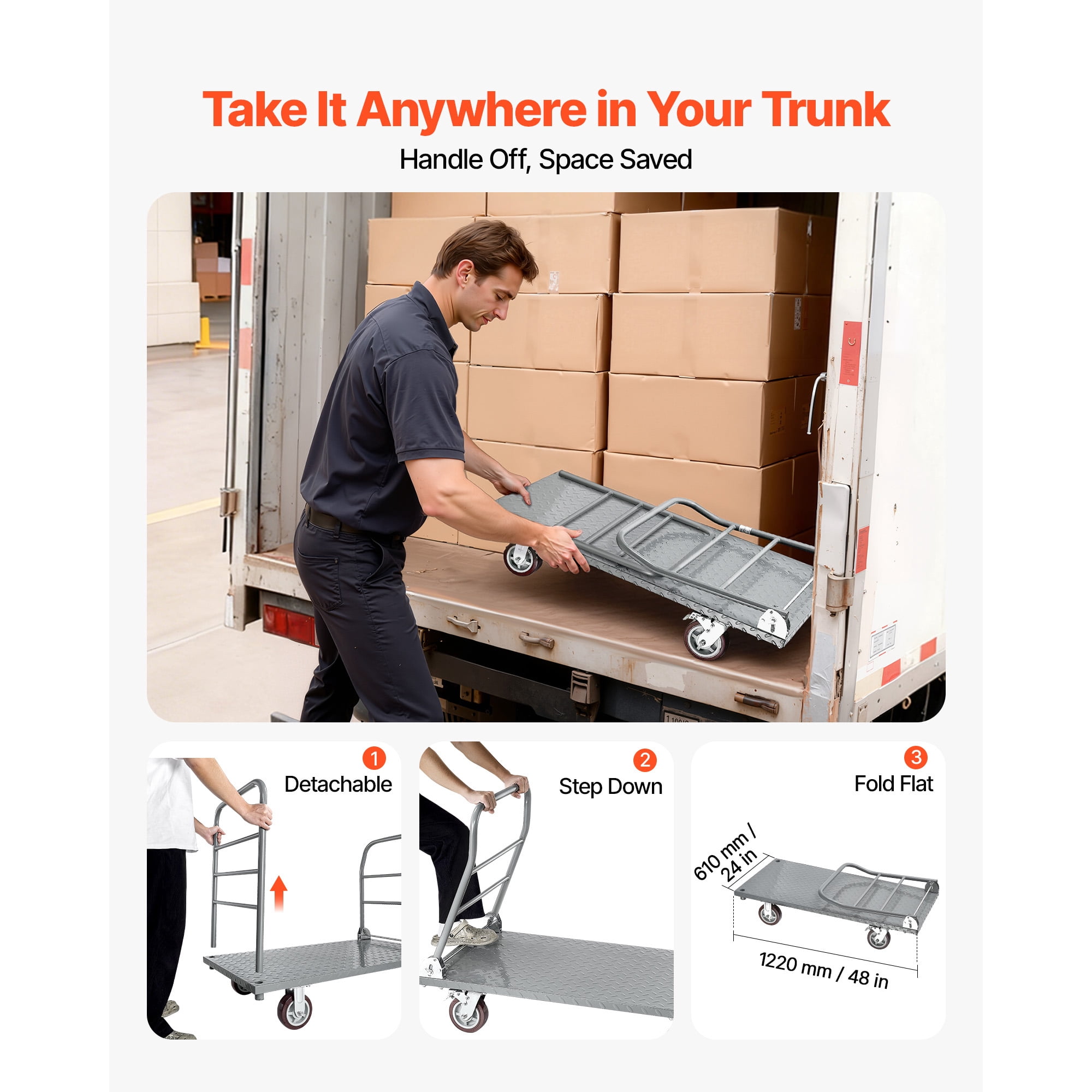 KFFKFF Heavy Duty Platform Truck, 2650 lbs Load Capacity, Flatbed Cart with Removable Guardrail and Swivel Wheels, Foldable Hand Push Cart for Groceries, Garage, Warehouse, 48 x 24 x 36.2 in