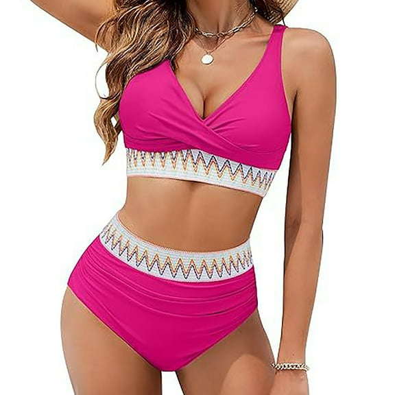 Nmnitkp Tankini Swimsuits for Women V Neck Tummy Control Swimsuits for Women Color Block High Waisted Two Piece Bathing Suits