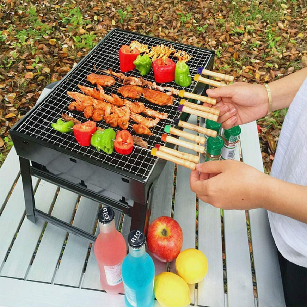 HAKSEN 12 PCS Barbecue Skewers with Wood Handle Marshmallow Roasting Sticks Meat Hot Dog Fork Best for BBQ Camping Cookware Campfire Grill Cooking Stainless Steel 
