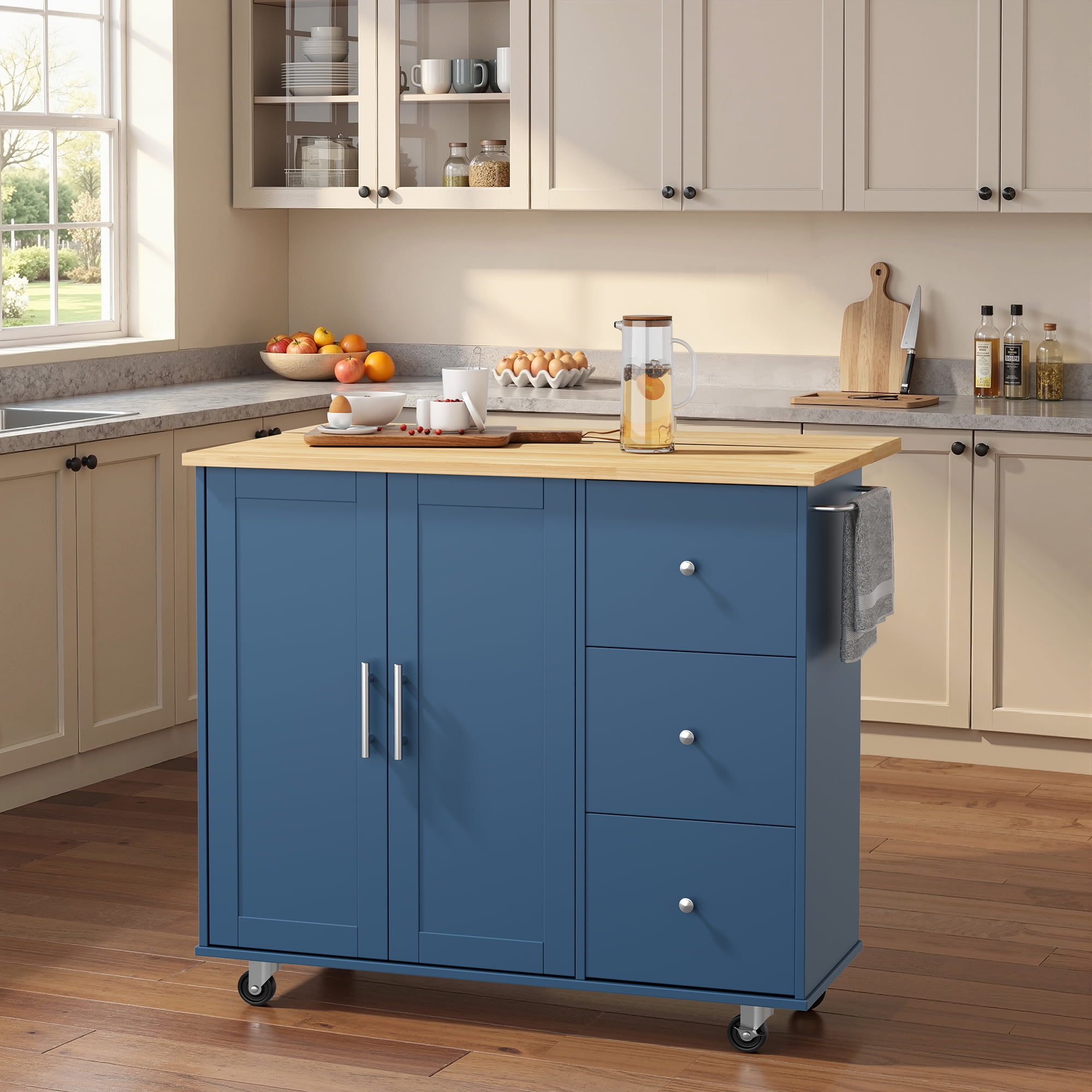 Walsunny 40" Kitchen Islands Carts with Storage Drop Leaf Countertop on Wheels Rolling Microwave Utility Carts with 3 Drawers 1 Storage Cabinets,Blue